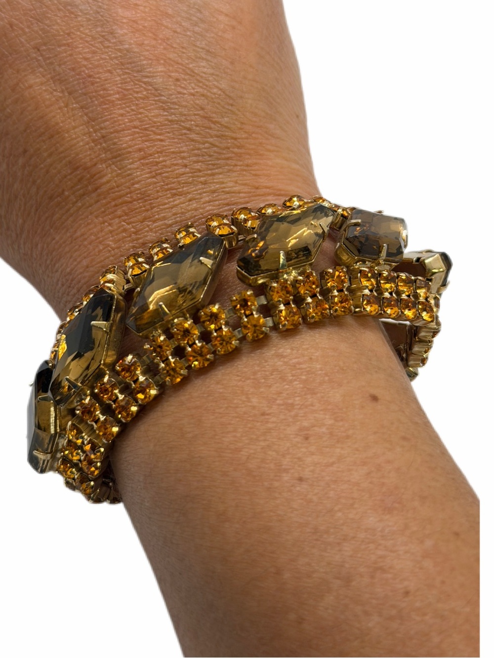Vintage Amber Rhinestone Wide Statement Bracelet Gold Tone 7”